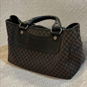 Vintage CELINE Macadam Canvas Boogie Hand Bag Dark Brown Black Silver
